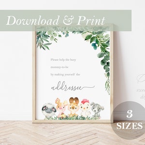 Könnte beinhalten: Druckbarer Schild mit grünem Blätterrand und der Aufschrift "Bitte hilf der geschäftigen werdenden Mama, indem du dich als Gast einträgst". Das Schild zeigt auch eine Reihe von Comic-Bauernhoftieren, darunter ein Schaf, ein Schwein, ein Kaninchen, ein Huhn und ein Hund.