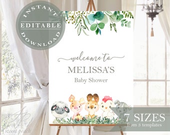 May include: A welcome sign for a baby shower with a green leafy border and a white background. The sign says "Welcome to Melissa's Baby Shower". There are five cartoon farm animals at the bottom of the sign: a sheep, a pig, a rabbit, a chicken, and a dog.