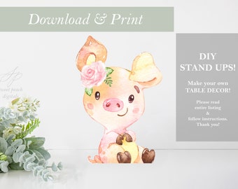 Flower Pig Digital Stand Up Cut Out Printable Farm Animal Theme Floral Pink Rose Girl Baby Shower Decor Nursery Centerpieces DIY Birthday