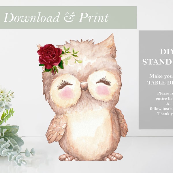 Owl Table Decoration Woodland Baby Shower Party Decor Forest Woods Stand Up Cut Out Printable Girl Nursery Centerpieces DIY Digital Do It Yo