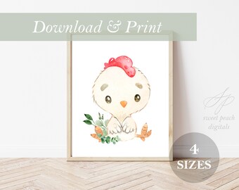 Granja pollo vivero decoración pared arte imprimible impresión digital niño niña acuarela DIY regalo pollito gallo agricultura granero tema al aire libre
