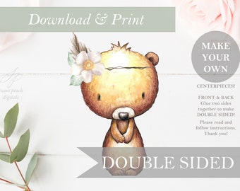 Bear Woodland Baby Shower Table Decoration Party Decor Double Sided Gender Neutral Cut Out Printable Girl Nursery Centerpiece DIY Digital