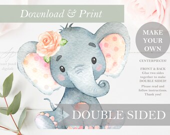 Elephant Table Decor Flower Double Sided Cut Out Printable Stand Up Safari Jungle Zoo Girl Baby Shower Nursery Centerpieces DIY Digital Art