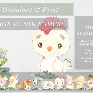 Könnte beinhalten: Ein großes Bündelpaket mit druckbaren DIY-Farmtier-Standfiguren. Das Paket enthält eine Vielzahl von Tieren, darunter ein Huhn, ein Schwein, ein Schaf, eine Kuh und ein Hund. Die Tiere sind alle in einem niedlichen, cartoonartigen Stil mit Aquarelltexturen illustriert. Der Text auf dem Bild lautet "Download & Print Großes Bündelpaket! DIY-Standfiguren! Gestalten Sie Ihre eigene TISCHDEKORATION! Bitte lesen Sie die gesamte Auflistung & befolgen Sie die Anweisungen. Vielen Dank!"