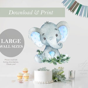 Grande elefante recorte de parede para impressão, stand up safari boy, gênero neutro, chá de bebê, decoração de aniversário, berçário, arte digital diy, corte de impressão 18x24