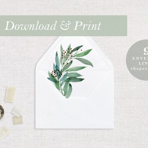 May include: A white envelope with a green watercolor floral design. The envelope liner features a leafy branch with brown berries. The text "Download & Print" is at the top of the image. The text "9 Envelope Liner shapes/sizes" is in the lower right corner of the image.