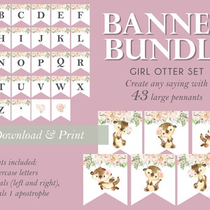 Otter Banner Bundle Woodland Forest Party Baby Shower Birthday Flower Girl Printable Decor Nursery DIY Digital PDF Alphabet Letters Theme