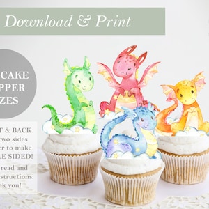 Dragon Digital Cupcake Topper Birthday Theme Printable Cup Cake Baby Shower Decor DIY Digital Cut Outs Double Sided Dragon Decoration Art