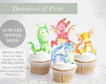 May include: Four cupcake toppers featuring watercolour illustrations of dragons in different colours: green, red, blue and yellow. Each dragon is sitting on a cloud with stars. The text "Download & Print" is at the top of the image. The text "CUPCAKE TOPPER SIZES" is in a circle in the top left corner. The text "FRONT & BACK Glue two sides together to make DOUBLE SIDED! Please read and follow instructions. Thank you!" is in the bottom left corner.
