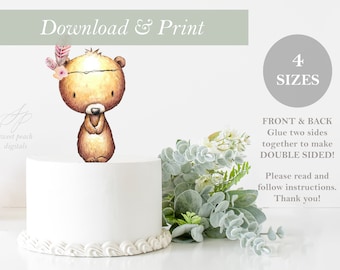 Bear Topper DOUBLE SIDED Printable Flower Cut Out Woodland Birthday Cake Baby Shower Decor Nursery Centerpieces DIY Digital File Bear Forest