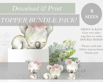 BUNDLE Mädchen Koala Bär Kuchen Topper 4 Größen Druck und Schnitt druckbare Baby-Dusche-Dekor Geburtstag Mittelstücke DIY digitale Datei Dekoration