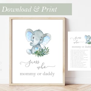 Safari babyshower game Guess Who olifant teken en kaart afdrukbare jungle dierentuin thema feest digitale decoratie decor jongen meisje mama of papa