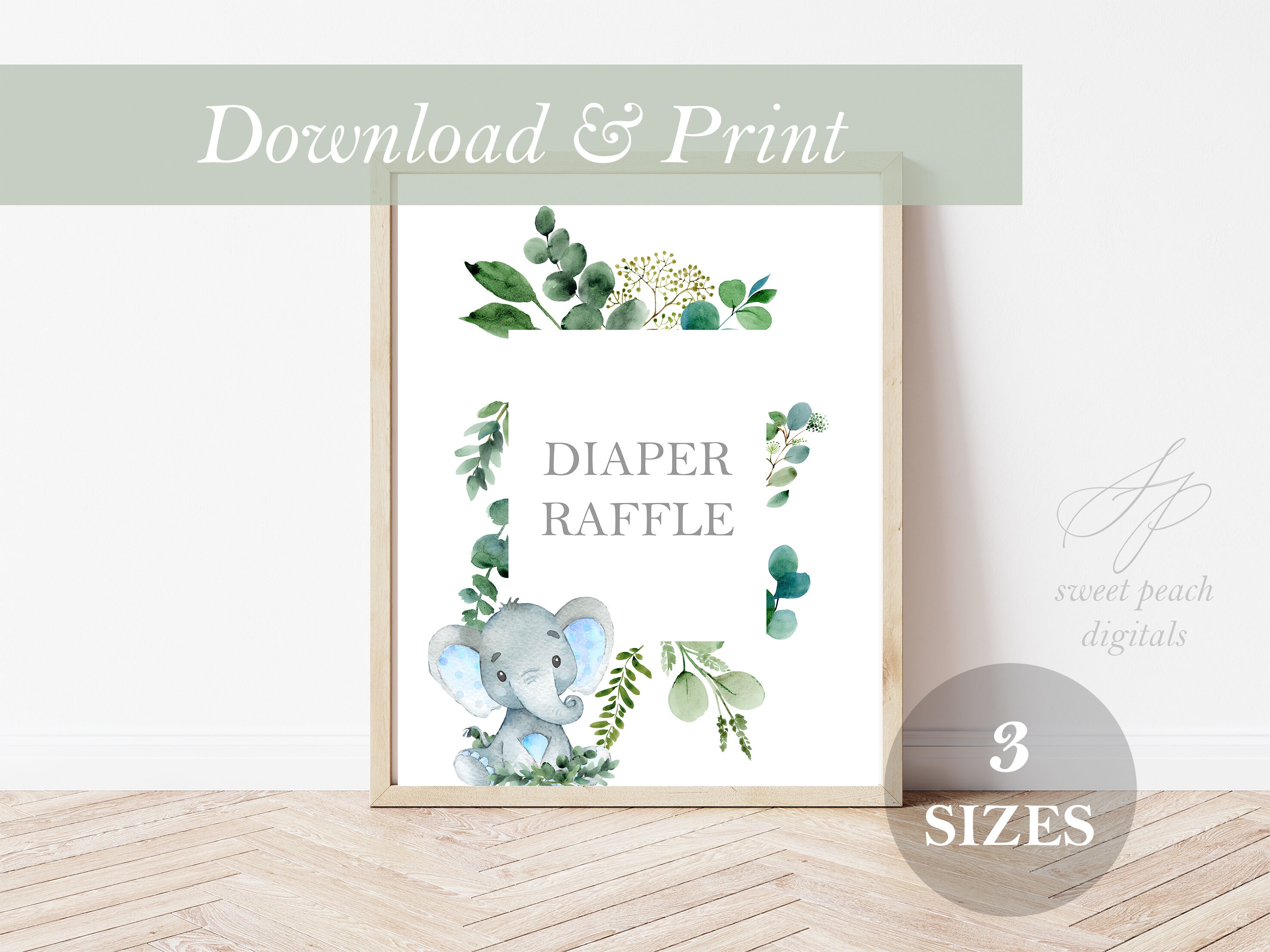Diaper Raffle Sign Baby Shower Eucalpytus Greenery Decor Decoration Signage Instructions Girl Boy Printable Safari Jungle Elephant Zoo Theme