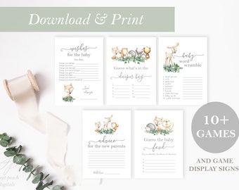 May include: Printable baby shower game cards featuring woodland animal illustrations. The cards include games like "Guess What's in the Diaper Bag", "Baby Word Scramble", "Advice for the New Parents", and "Guess the Baby Food".