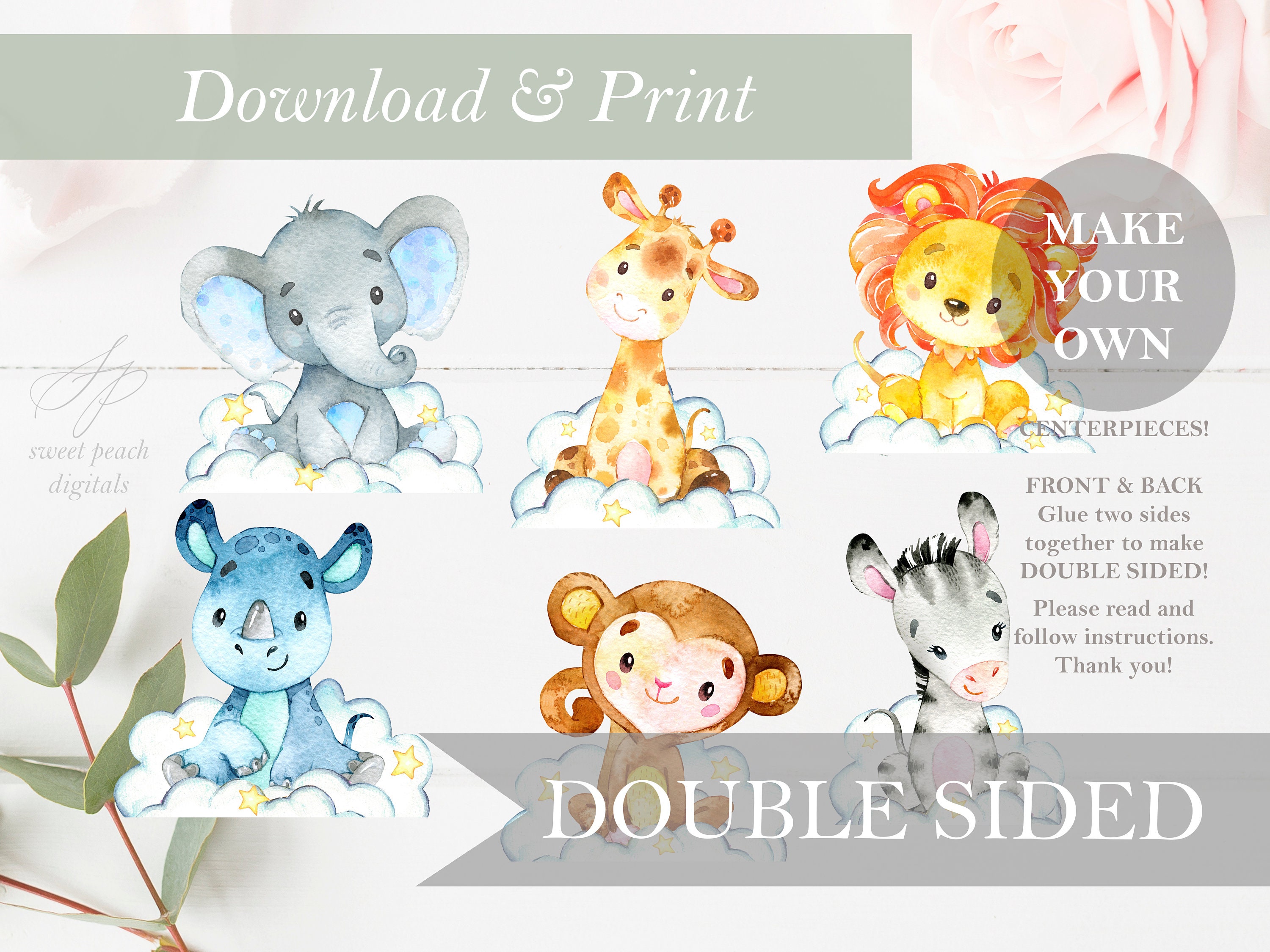 safari bundle double sided cloud animal cut out printable etsy