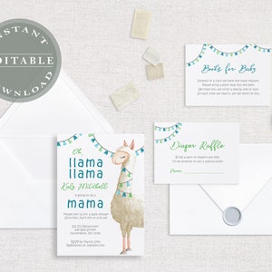 Llama Alpaca Invitation Baby Shower Birthday Farm Digital Printable Editable Template Adobe Acrobat Boy Decor Invite Suite DIY Zoo Mama Babe