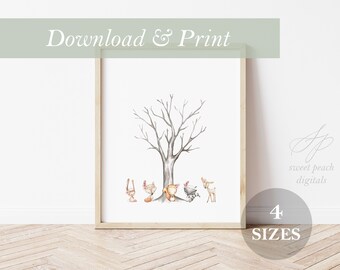 Libro degli ospiti alternativo nel bosco, albero delle impronte digitali, baby shower, ragazza, libro degli ospiti stampabile digitale, decorazione per cameretta dei bambini, decorazione da parete con stampa del bambino, bosco
