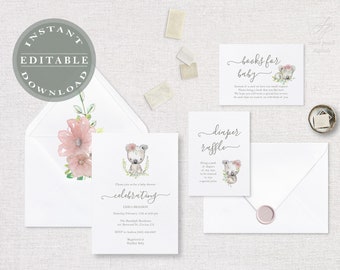May include: A baby shower invitation suite featuring a watercolor illustration of a koala with floral accents. The set includes invitations, inserts for books and diaper raffle, and envelopes. The design is in soft pastel colors with the text "Instant Editable Download".