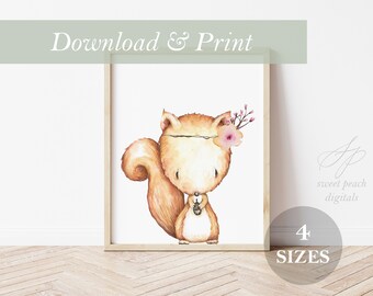 Squirrel Woodland Nursery Decor Wall Art Printable Digital Print Woodland Forest Girl Watercolor Painting Decoration 16x20 11x14 8x10 5x7