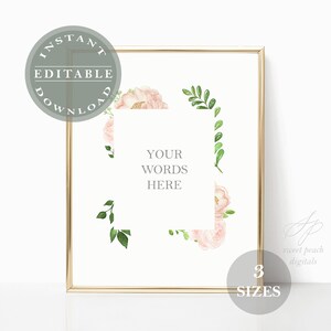 Editable Floral Sign Baby Shower Birthday Party Wedding Decor Decoration Custom Signage Bridal Flower Printable Multi Theme Multiple Sizes