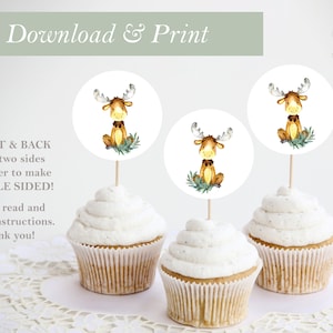 Moose Cupcake Topper Forest Woodland Digital Printable Cup Cake Decoration Baby Shower Decor Animals DIY Digital Cut Outs 2 Inch Circles