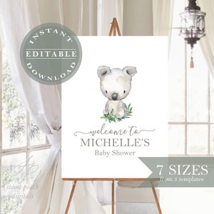 Koala Welcome Sign Baby Shower Birthday Signage Editable Template Digital DIY You Edit Austrlian Animals Australia Theme Idea Party Decor Ar