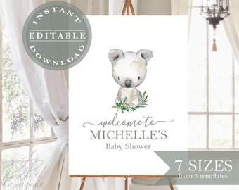 Op de afbeelding: Een afdrukbaar welkomsbord voor een babyshower met een aquarel-illustratie van een koalabeer. Het bord staat "Welkom op Michelle's babyshower".