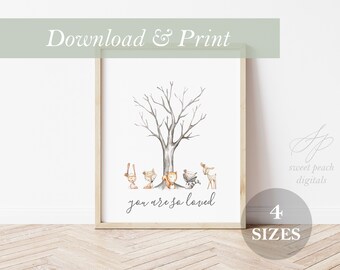 Libro degli ospiti alternativo per ragazzo, bosco, albero delle impronte digitali, Baby Shower, sogno, grande, stampa digitale, decorazione per nursery, stampa artistica da parete, libro degli ospiti con piuma