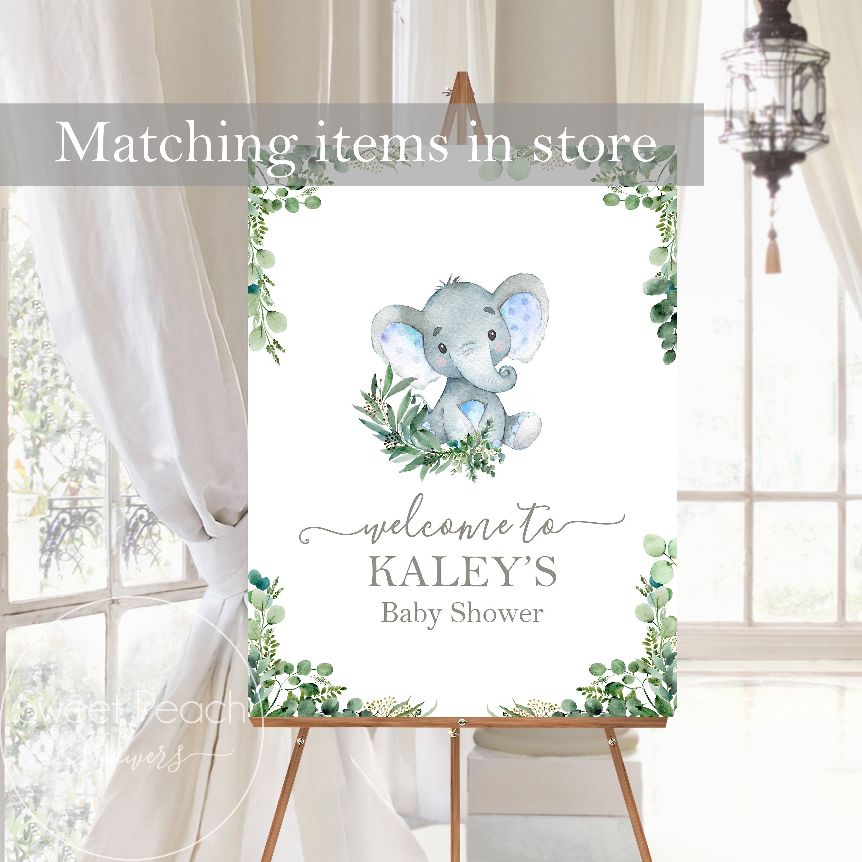 Safari Elephant Baby Shower Decor Double Sided Greenery Etsy