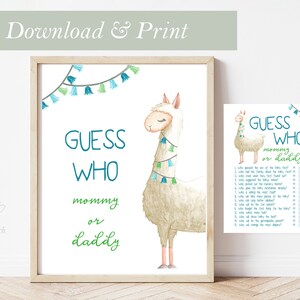 Juego de tarjetas para baby shower de Llama, Adivina quién, mamá o papá, Fiesta temática de Llama Alpaca, Cartel de juego imprimible, Tarjetas de juegos para niños listas para imprimir y cortar