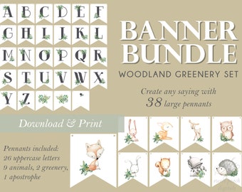 Woodland Banner Forest Bundle Gender Neutral Party Baby Shower Birthday Animal Printable Decor Nursery DIY Digital PDF Alphabet Letters Fox
