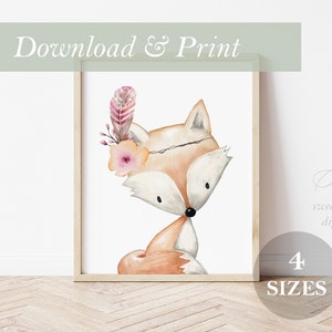Woodland Fox Nursery Decor Wall Art Printable Digital Prints Boho Forest Animals Fox Pink Flower Girl Watercolor Painting Decoration 11x14