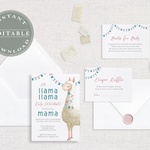 Llama Alpaca Invitation Baby Shower Birthday Invite Digital Printable Editable Template Adobe Acrobat Decor Invite Suite DIY Zoo Mama Alpaca