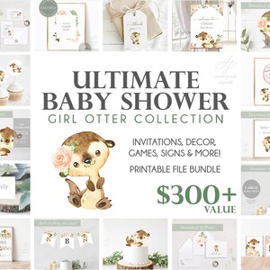 Girl Otter Digital Bundle Baby Shower Forest Woodland Invitation Decor Thank You Card Tag Digital Printable Adobe Acrobat DIY Party Cake Set