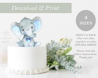 DOUBLE SIDED Toppers Blue Elephant Cut Out Bow Tie Printable Safari Birthday Cake Baby Shower Decor Nursery Centerpieces DIY Digital File