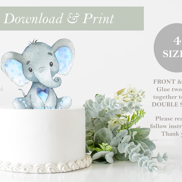 DOUBLE SIDED Toppers Blue Elephant Cut Out Bow Tie Printable Safari Birthday Cake Baby Shower Decor Nursery Centerpieces DIY Digital File