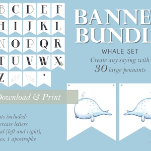 Banner de ballena Paquete grande Océano bajo el mar Fiesta Baby Shower Cumpleaños Animal Imprimible Niño Decoración Guardería DIY Digital PDF Alfabeto Letra