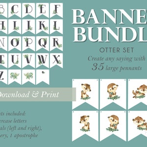 Otter Banner Bundle Woodland Forest Party Baby Shower Birthday Animal Printable Decor Nursery DIY Digital PDF Alphabet Letters Otter Theme