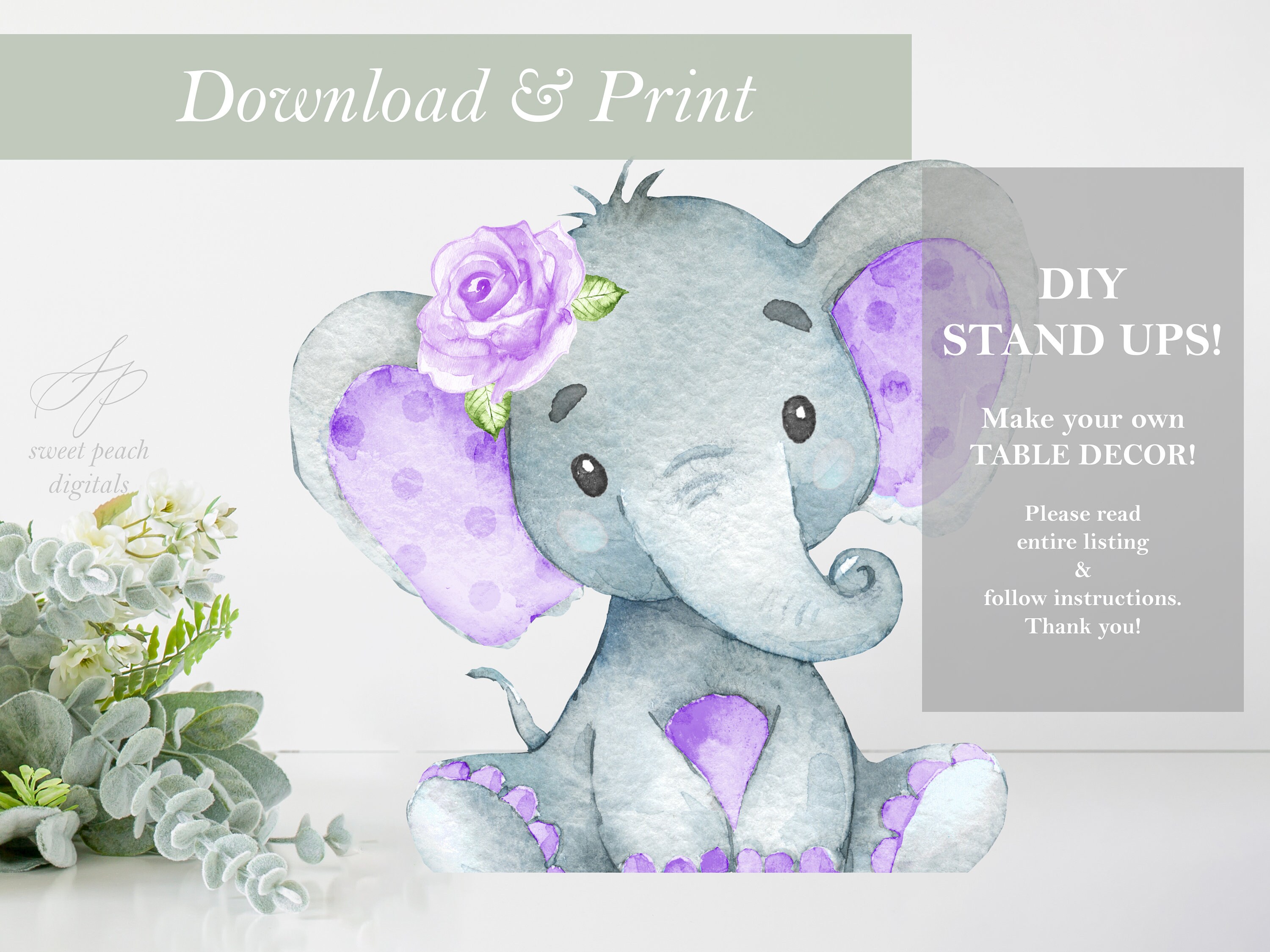 flower elephant cut out printable stand up safari floral pink etsy