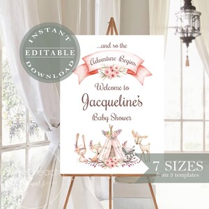 Woodland Welcome Sign Baby Shower Birthday Signage Editable Template Digital DIY You Edit Forest Animals Adventure Begins Theme Idea Party
