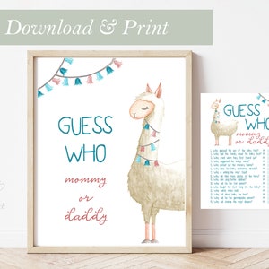 Llama Baby Shower Tarjetas de juego Adivina quién mamá o papá Llama Alpaca Fiesta temática Juego imprimible Signo Tarjetas de juegos para niñas listas para imprimir y cortar