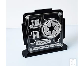 Display Plaque for TIE FIGHTER Models (black-clear, CUSTOM text, stand or wall display) -P001