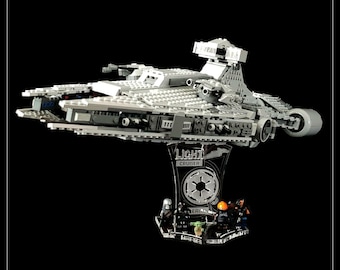 May include: A gray LEGO Star Wars Imperial Light Cruiser with a black display stand. The stand has the words "Light Cruiser" and the Imperial symbol. There are several minifigures on the stand.
