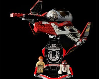 Display stand for Lego 75135 Obi Wan's Interceptor -red-grey or white + minifigures slots (A2016-A3016)