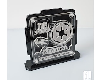 Display Plaque for TIE INTERCEPTOR Models (black-clear, CUSTOM text, stand or wall display) -P002