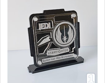 Display Plaque for JEDI STARFIGHTER Models (black-clear, CUSTOM text, stand or wall display) -P004