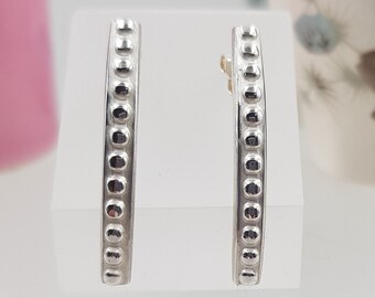 Handmade Silver Dotty Earrings, Silver Long Curved Earrings, Silver Long Stud Earrings, Long Silver Drop Earrings, Recycled Silver Earrings