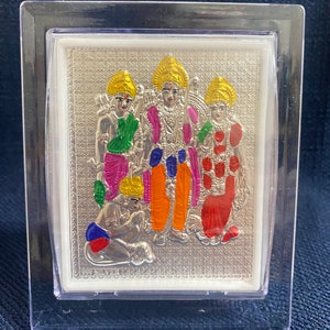 Medium - Pure silver Rama Parivar - Sita Rama - Idol frame with enamel. Budget friendly silver gift items. Pure silver puja decors.