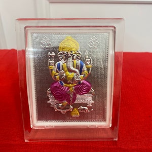Medium - Pure Silver Ganesha idol  frame with enamel. Budget friendly silver gift ideas. Pure silver god frames. Silver puja decors.