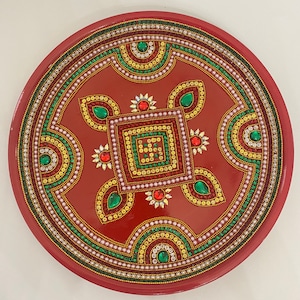 Gorgeous kundan n beads decorated red thali plate - red puja Thali plate - puja plate - red Large size thali plate - Diwali decor thali.